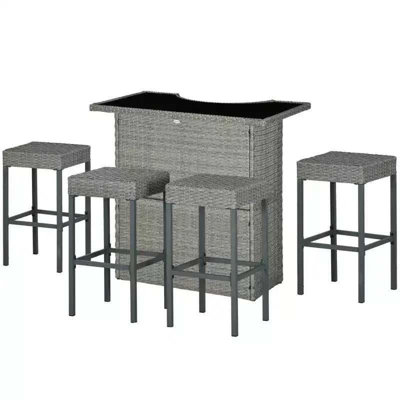 Outsunny Ensemble de bar 5 pièces en rotin, table haute d'extérieur et chaises avec plateau en verre, étagère de rangement et 4 tabourets de bar pour piscine