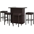 Outsunny Ensemble de bar 5 pièces en rotin, table haute d'extérieur et chaises avec plateau en verre, étagère de rangement et 4 tabourets de bar pour piscine