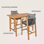 JONATHAN Y Porto Modern Coastal 3-Piece Acacia Wood Outdoor Bar Set with Cushions