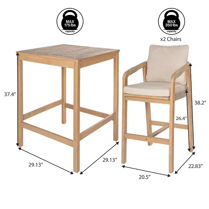 JONATHAN Y Porto Modern Coastal 3-Piece Acacia Wood Outdoor Bar Set with Cushions