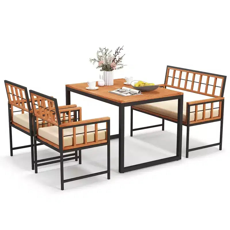 Costway Ensemble repas de 4 pièces pour terrasse, mobilier de jardin en bois avec 2 chaises et 1 causeuse