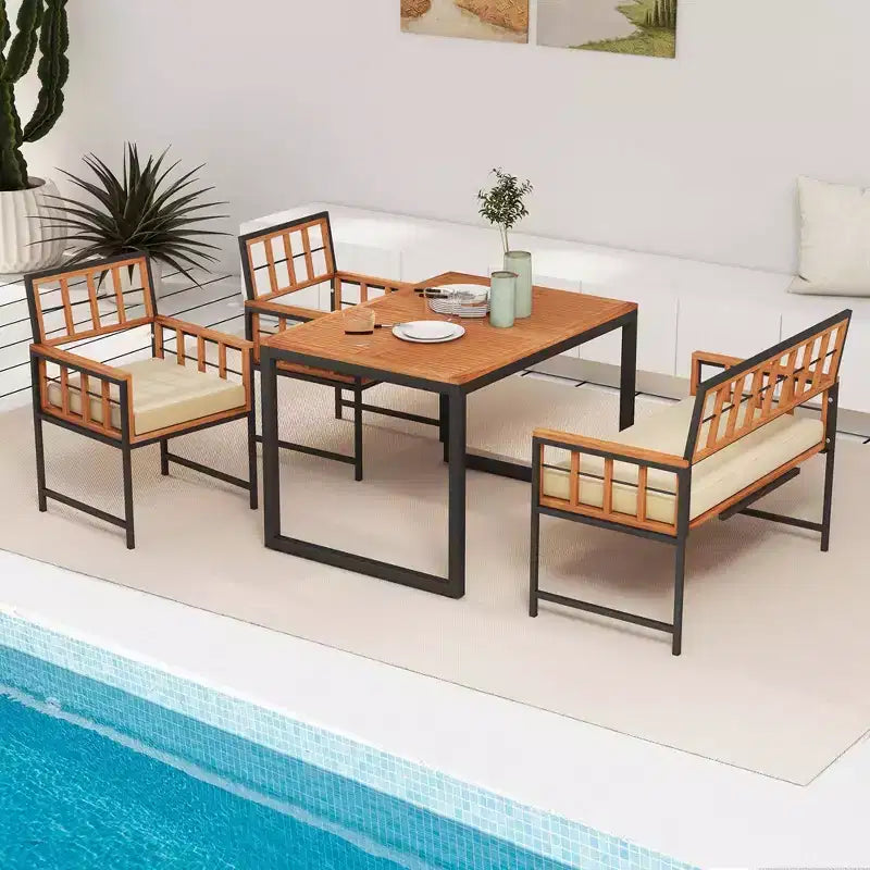 Costway Ensemble repas de 4 pièces pour terrasse, mobilier de jardin en bois avec 2 chaises et 1 causeuse