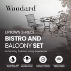 Woodard Uptown 3 Piece Steel Bistro and Balcony Set with Swivel Motion Chairs, Table, 250 Pound Weight Capacity, and Powder Coated Finish, Black