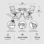 Woodard Uptown 3 Piece Steel Bistro and Balcony Set with Swivel Motion Chairs, Table, 250 Pound Weight Capacity, and Powder Coated Finish, Black