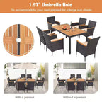 Costway Ensemble de salle à manger d'extérieur 7 pièces pour 6 personnes avec trou pour parasol Plateau de table en bois d'acacia Noir et Naturel au bord de la piscine
