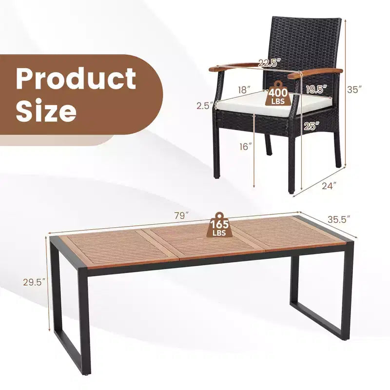 Ensemble de salle à manger 9 pièces en rotin Costway avec table en bois d'acacia, trou de parasol de 1,9 po