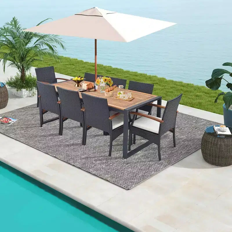 Ensemble de salle à manger 9 pièces en rotin Costway avec table en bois d'acacia, trou de parasol de 1,9 po