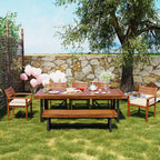 Ensemble de salle à manger d'extérieur 7 pièces en bois d'acacia avec coussins amovibles, mobilier de patio avec chaises et banc ergonomiques pour 7-8 personnes 4W - ModernLuxe