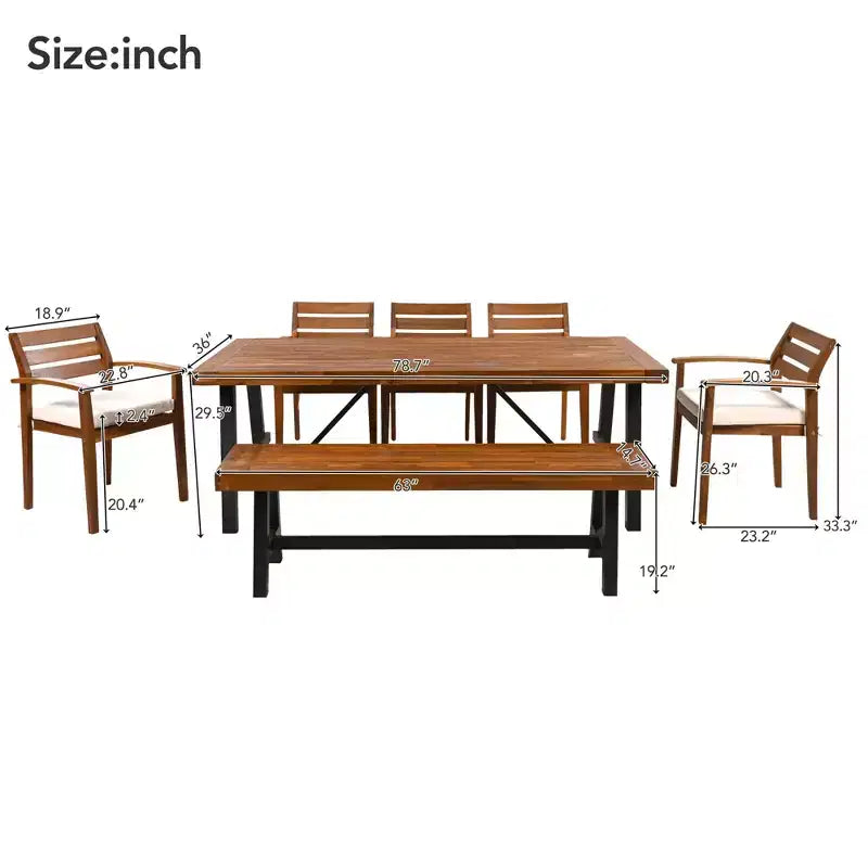 Ensemble de salle à manger d'extérieur 7 pièces en bois d'acacia avec coussins amovibles, mobilier de patio avec chaises et banc ergonomiques pour 7-8 personnes 4W - ModernLuxe