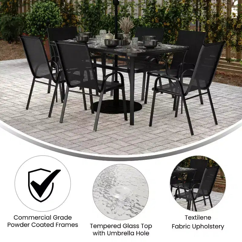 Merrick Lane Ensemble de salle à manger d'extérieur 7 pièces pour 6 avec table de patio à plateau en verre et 6 chaises empilables en matière Flex Comfort
