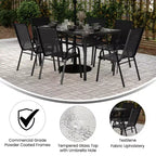 Merrick Lane Ensemble de salle à manger d'extérieur 7 pièces pour 6 avec table de patio à plateau en verre et 6 chaises empilables en matière Flex Comfort