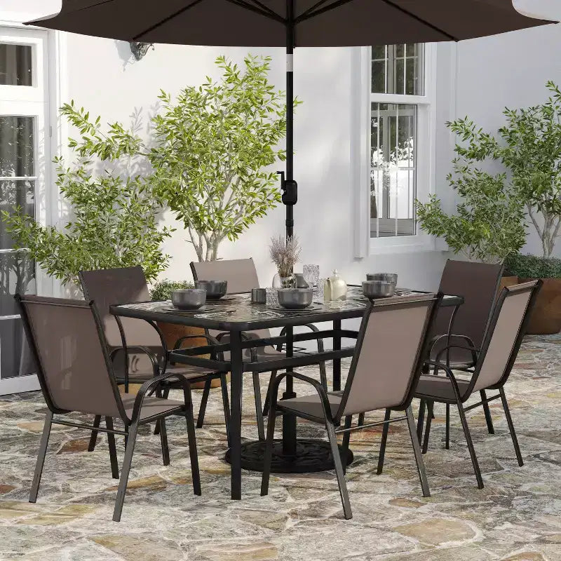 Merrick Lane Ensemble de salle à manger d'extérieur 7 pièces pour 6 avec table de patio à plateau en verre et 6 chaises empilables en matière Flex Comfort
