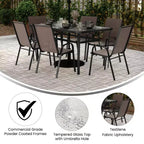 Merrick Lane Ensemble de salle à manger d'extérieur 7 pièces pour 6 avec table de patio à plateau en verre et 6 chaises empilables en matière Flex Comfort