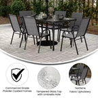Merrick Lane Ensemble de salle à manger d'extérieur 7 pièces pour 6 avec table de patio à plateau en verre et 6 chaises empilables en matière Flex Comfort
