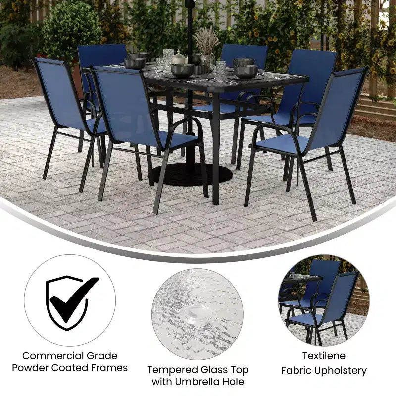 Merrick Lane Ensemble de salle à manger d'extérieur 7 pièces pour 6 avec table de patio à plateau en verre et 6 chaises empilables en matière Flex Comfort