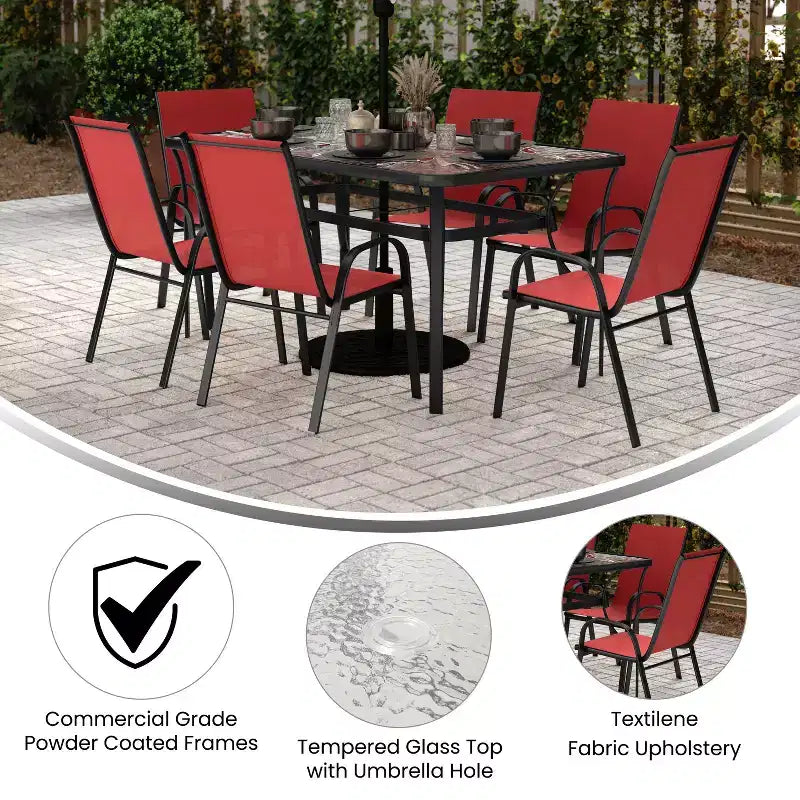 Merrick Lane Ensemble de salle à manger d'extérieur 7 pièces pour 6 avec table de patio à plateau en verre et 6 chaises empilables en matière Flex Comfort