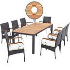 Ensemble de salle à manger Costway 9 pièces en rotin pour patio avec table en bois d'acacia, coussins, trou pour parasol de 1,9 po