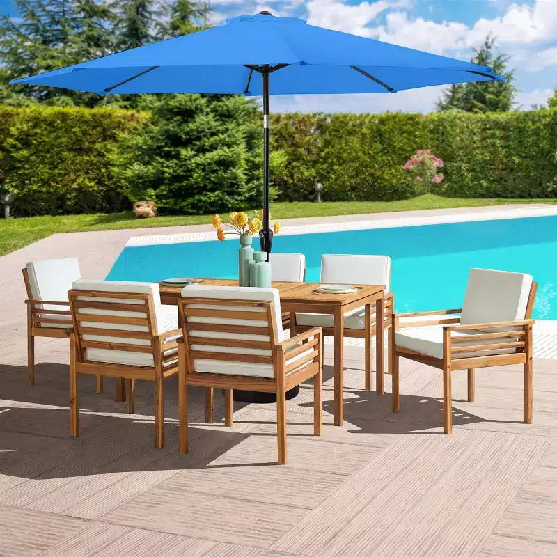 Alaterre Furniture 8pc Outdoor Patio Dining Set, Okemo Table with 10' Auto Tilt Umbrella
