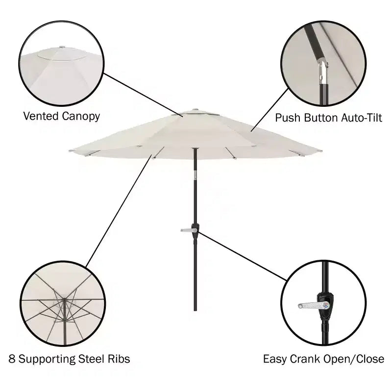 Alaterre Furniture 8pc Outdoor Patio Dining Set, Okemo Table with 10' Auto Tilt Umbrella