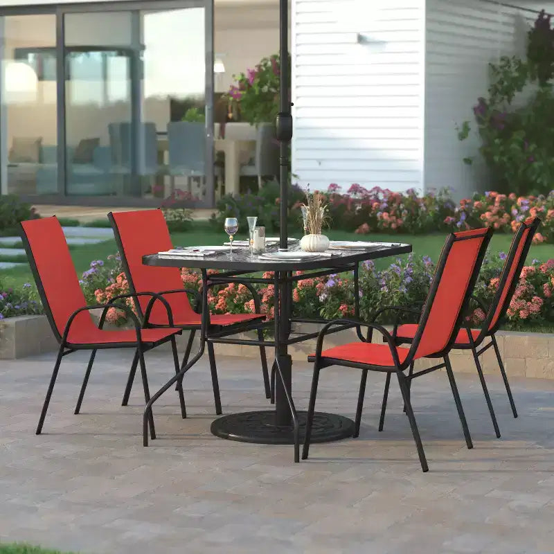 Emma and Oliver 5 Piece Outdoor Dining Set with Tempered Glass Top Patio Table and 4 Flex Comfort Textilene Stacking Chairs