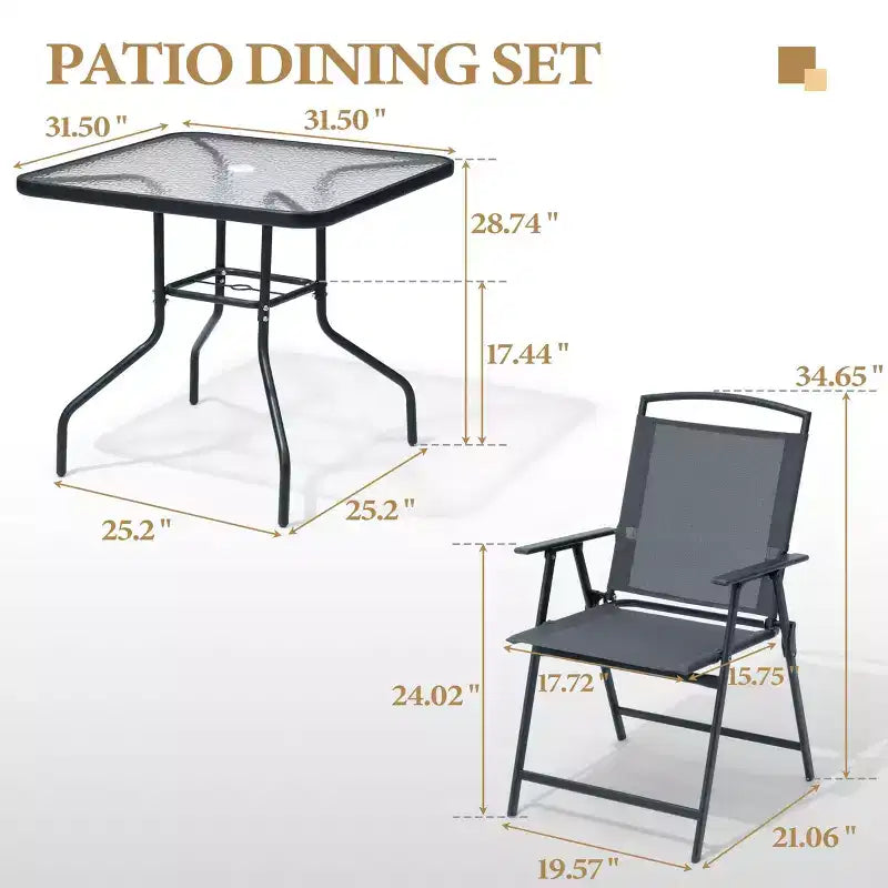 Crestlive Products 5 Piece Patio Dining Set with 4 Folding Chairs and Table Outdoor Dining Furniture with Square Glass Tabletop