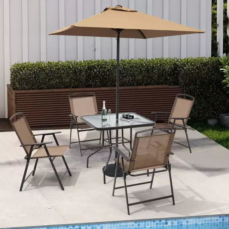 Crestlive Products 6 PCS Patio Dinning Set 4 Folding Chairs Square Tempered Glass Table and Umbrella Set