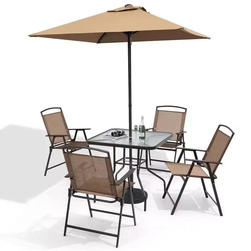 Crestlive Products 6 PCS Patio Dinning Set 4 Folding Chairs Square Tempered Glass Table and Umbrella Set