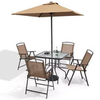 Crestlive Products 6 PCS Patio Dinning Set 4 Folding Chairs Square Tempered Glass Table and Umbrella Set