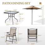 Crestlive Products 6 PCS Patio Dinning Set 4 Folding Chairs Square Tempered Glass Table and Umbrella Set