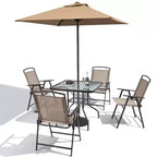 Crestlive Products 6 PCS Patio Dinning Set 4 Folding Chairs Square Tempered Glass Table and Umbrella Set