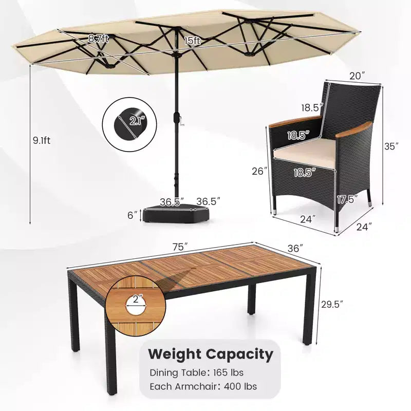 Costway Ensemble de salle à manger en osier de 11 pièces avec parasol de jardin double face 8 chaises orange/turquoise