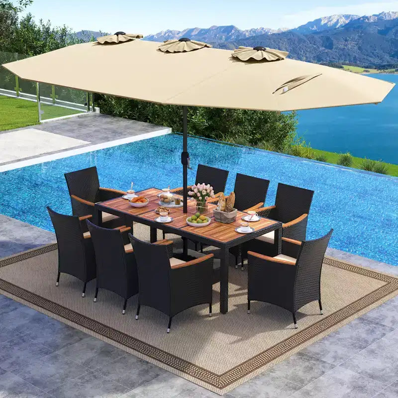Costway Ensemble de salle à manger en osier de 11 pièces avec parasol de jardin double face 8 chaises orange/turquoise