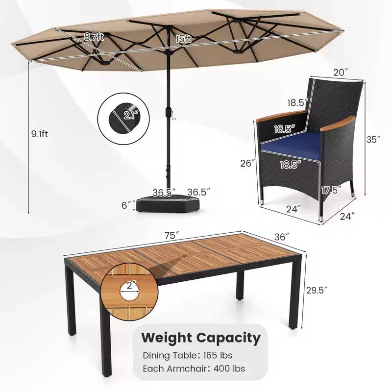 Costway Ensemble de salle à manger en osier de 11 pièces avec parasol de jardin double face 8 chaises orange/turquoise