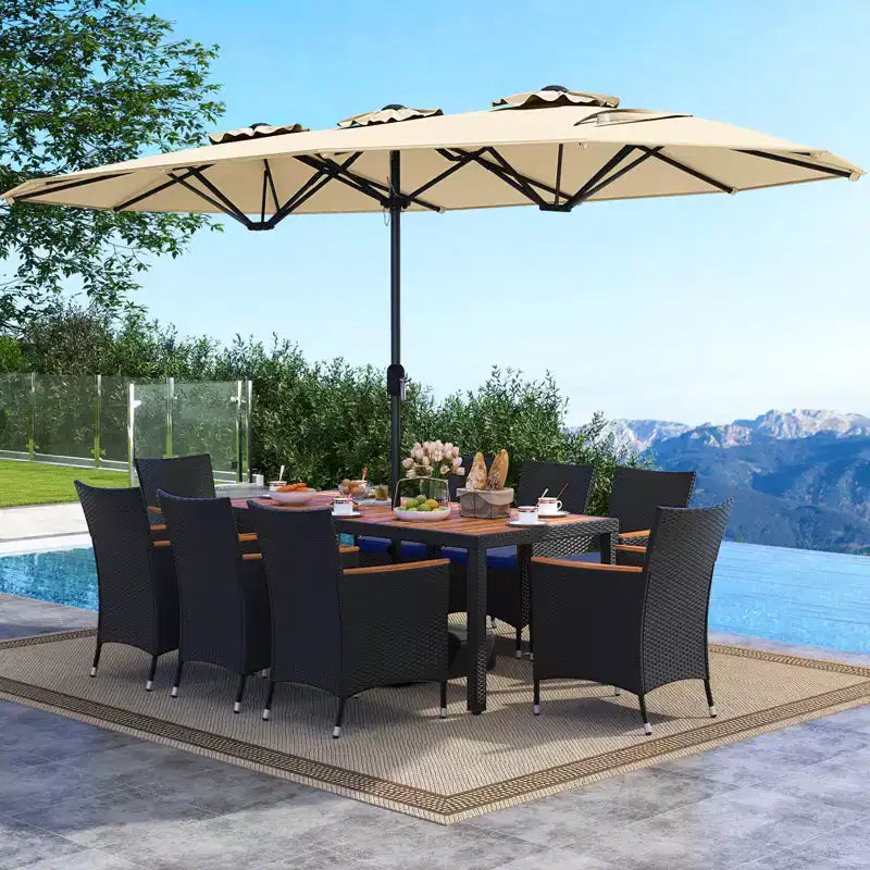 Costway Ensemble de salle à manger en osier de 11 pièces avec parasol de jardin double face 8 chaises orange/turquoise