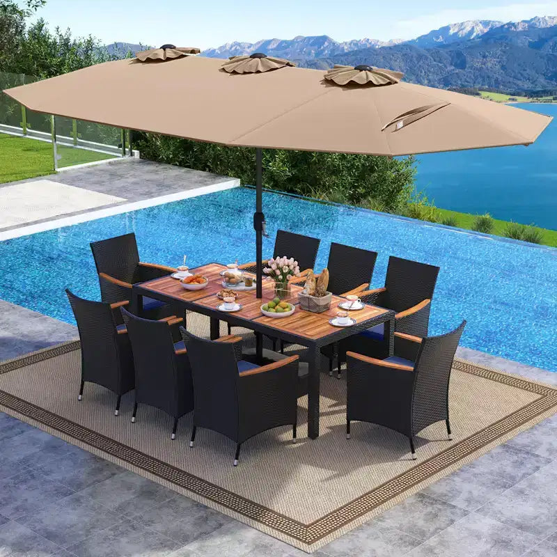 Costway Ensemble de salle à manger en osier de 11 pièces avec parasol de jardin double face 8 chaises orange/turquoise