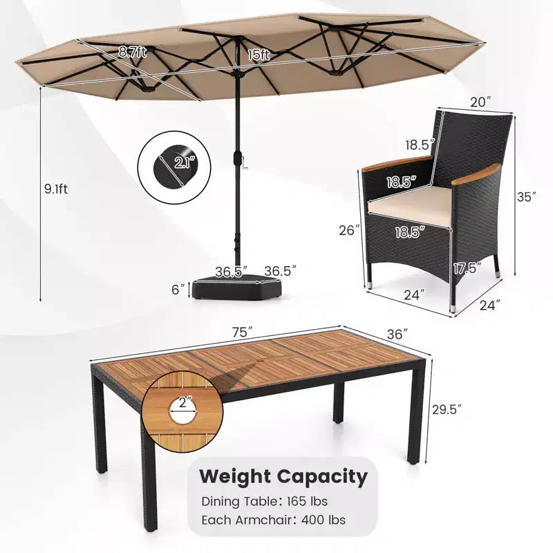 Costway Ensemble de salle à manger en osier de 11 pièces avec parasol de jardin double face 8 chaises orange/turquoise