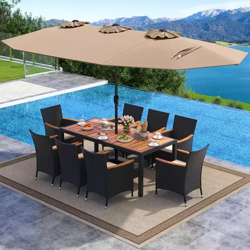 Costway Ensemble de salle à manger en osier de 11 pièces avec parasol de jardin double face 8 chaises orange/turquoise