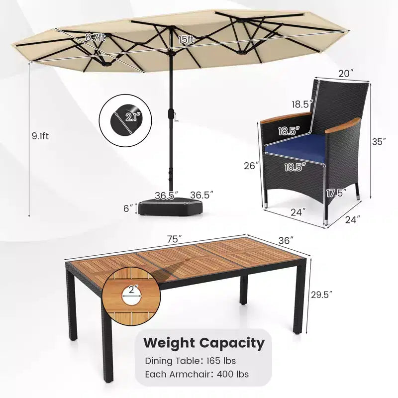 Costway Ensemble de salle à manger en osier de 11 pièces avec parasol de jardin double face 8 chaises orange/turquoise