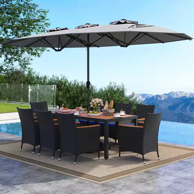 Costway Ensemble de salle à manger en osier de 11 pièces avec parasol de jardin double face 8 chaises orange/turquoise