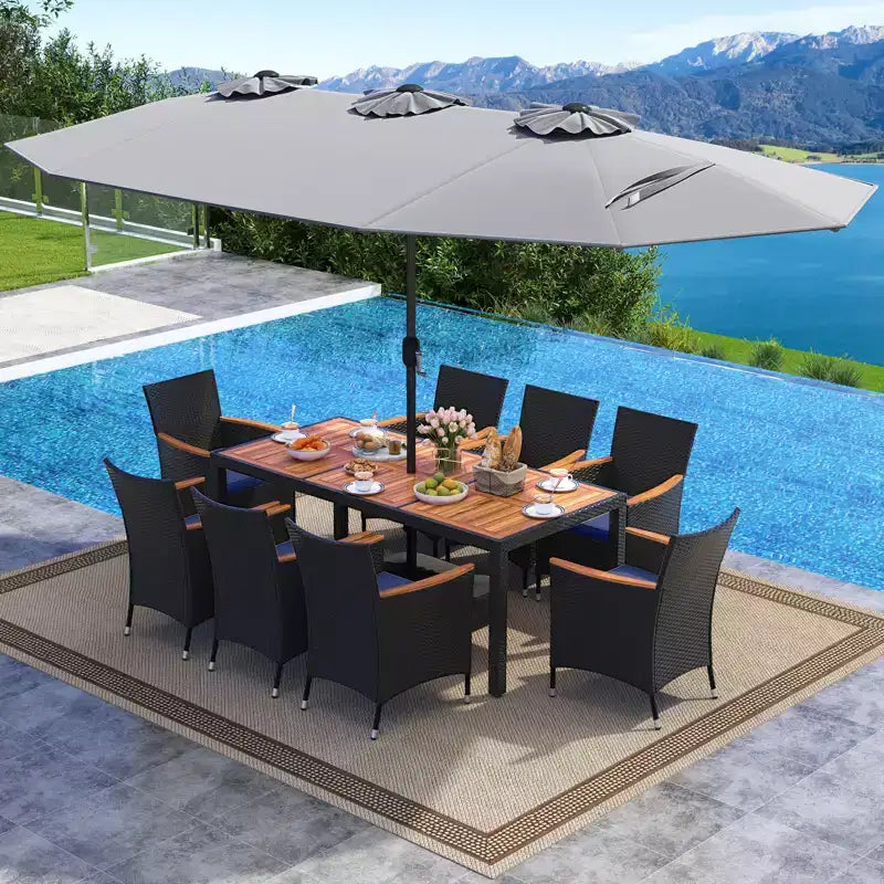Costway Ensemble de salle à manger en osier de 11 pièces avec parasol de jardin double face 8 chaises orange/turquoise