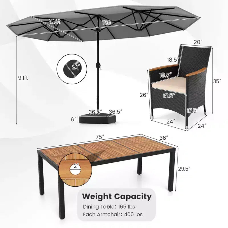 Costway Ensemble de salle à manger en osier de 11 pièces avec parasol de jardin double face 8 chaises orange/turquoise