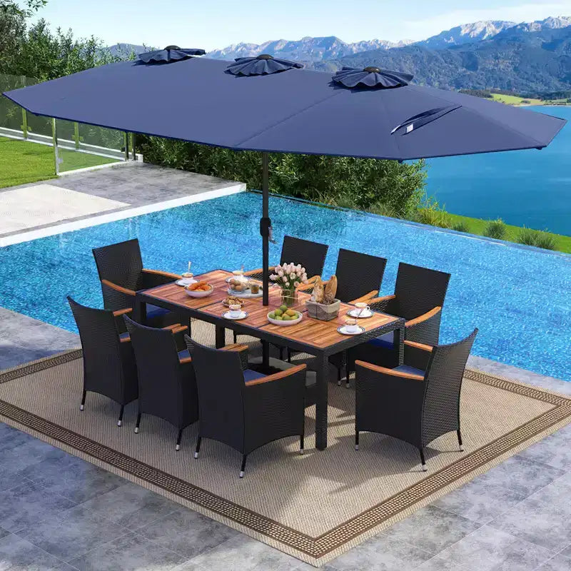 Costway Ensemble de salle à manger en osier de 11 pièces avec parasol de jardin double face 8 chaises orange/turquoise