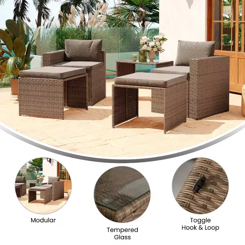 Flash Furniture Nico Indoor/Outdoor Modular Loveseat Sofa Set with Table and Ottomans