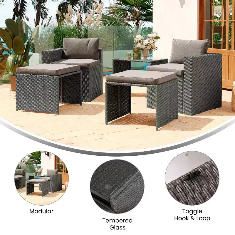 Flash Furniture Nico Indoor/Outdoor Modular Loveseat Sofa Set with Table and Ottomans