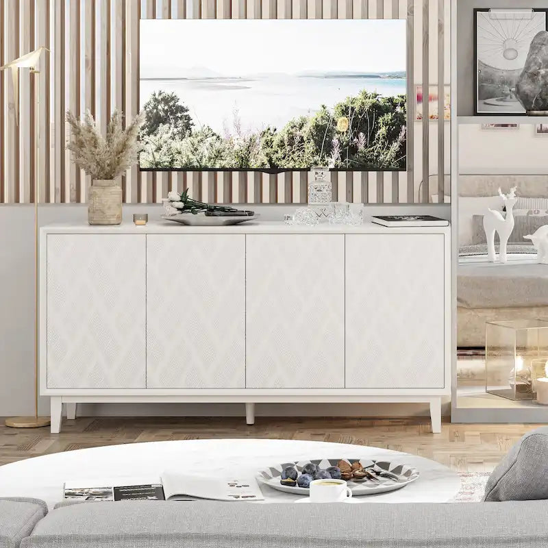 Mobile moderno a 4 ante con motivo curvo 3D, chiusura a pressione, mobile TV e credenza buffet