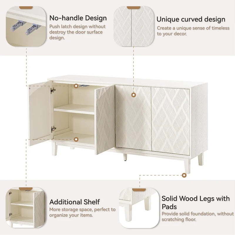 Mobile moderno a 4 ante con motivo curvo 3D, chiusura a pressione, mobile TV e credenza buffet