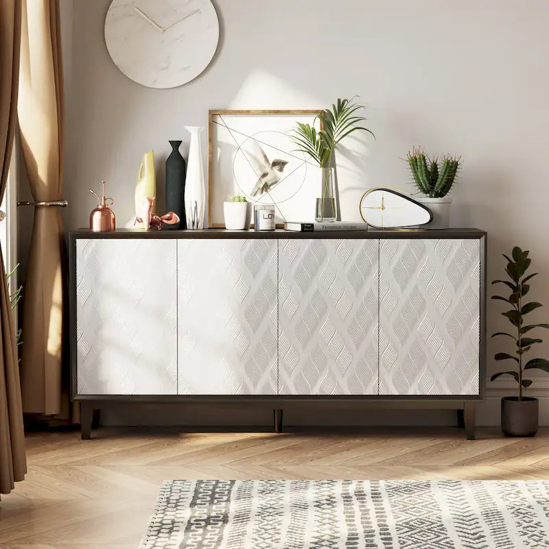 Mobile moderno a 4 ante con motivo curvo 3D, chiusura a pressione, mobile TV e credenza buffet