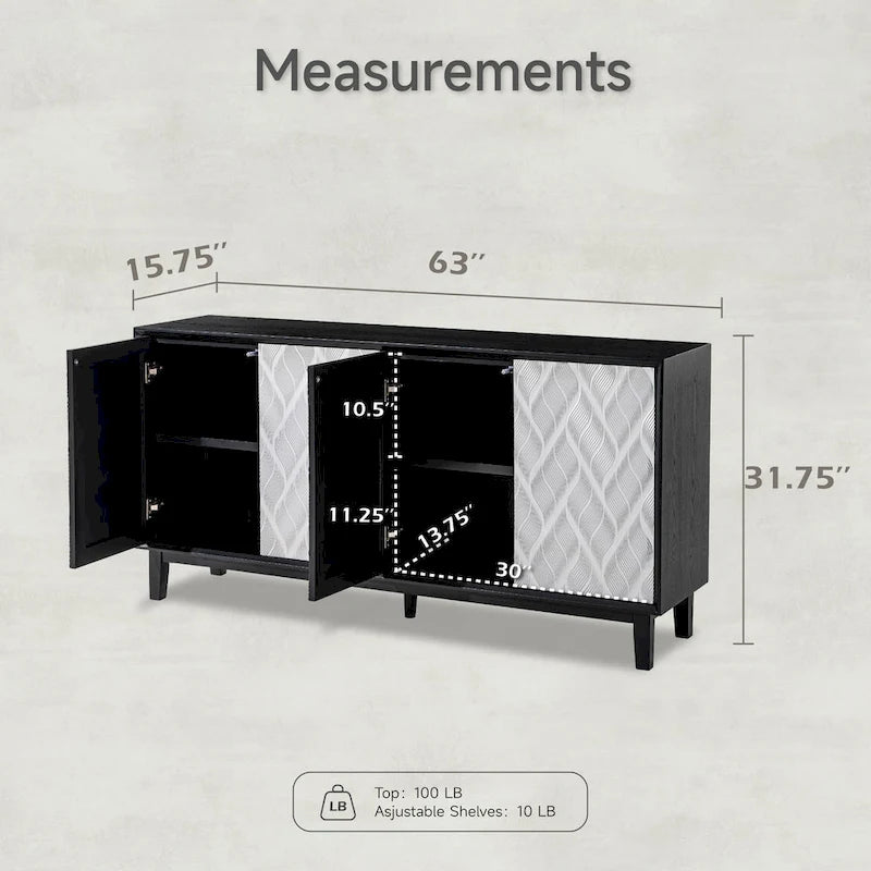 Mobile moderno a 4 ante con motivo curvo 3D, chiusura a pressione, mobile TV e credenza buffet