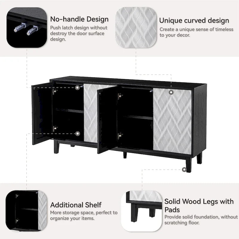 Mobile moderno a 4 ante con motivo curvo 3D, chiusura a pressione, mobile TV e credenza buffet