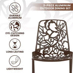 LeisureMod Devon Ensemble de salle à manger d'extérieur 3 pièces en aluminium avec table en verre trempé et 2 chaises empilables motif fleur